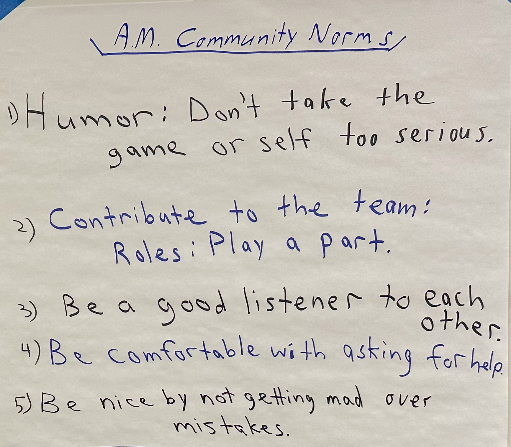 1. Humor: Don't take the game or self too serious. 2. Contribute to the team: Roles: Play a part. 3. Be a good listener to each other. 4. Be comfortable with asking for help. 5. Be nice by not getting mad over mistakes.